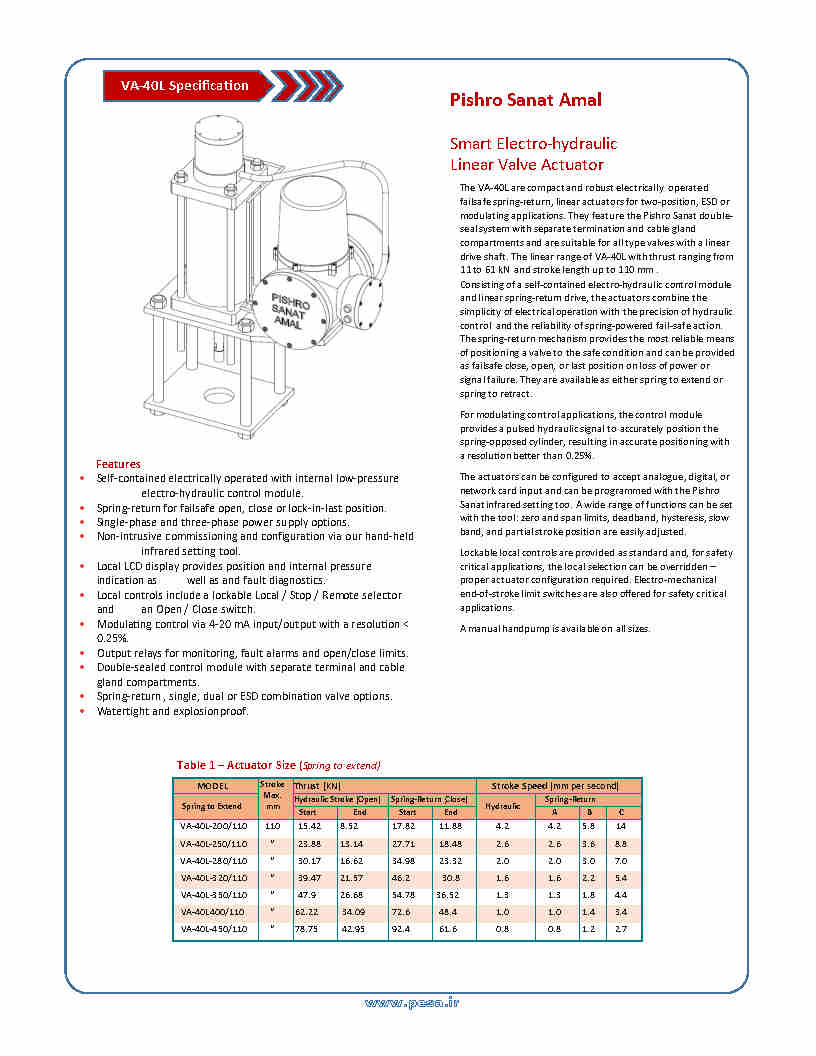 VA-40L Electro Hydraulic DATASHEET : 
